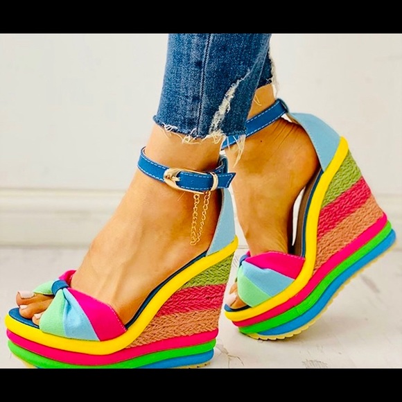 SOLD❌Neon Rainbow 🌈 Peep Toe Platform Espadrille Sandals Size 38/BRAND NEW! - Picture 9 of 13
